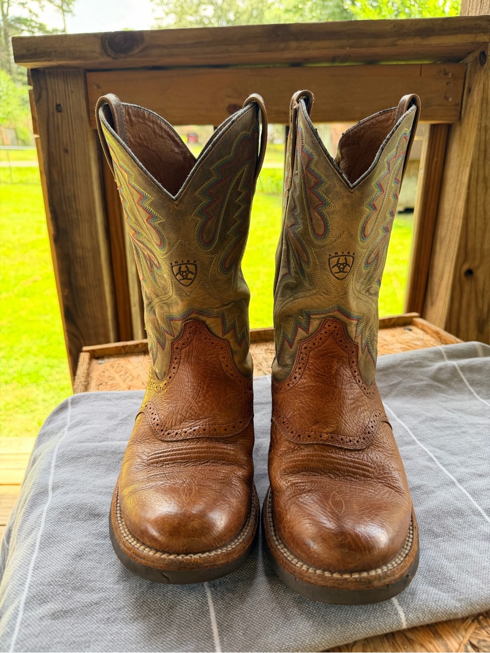 Ariat Brown Leather Western Boots with Green Embroidered Shaft